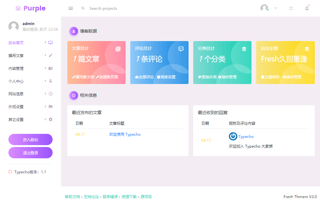 Fresh-小清新_typecho扁平化自适应后台主题