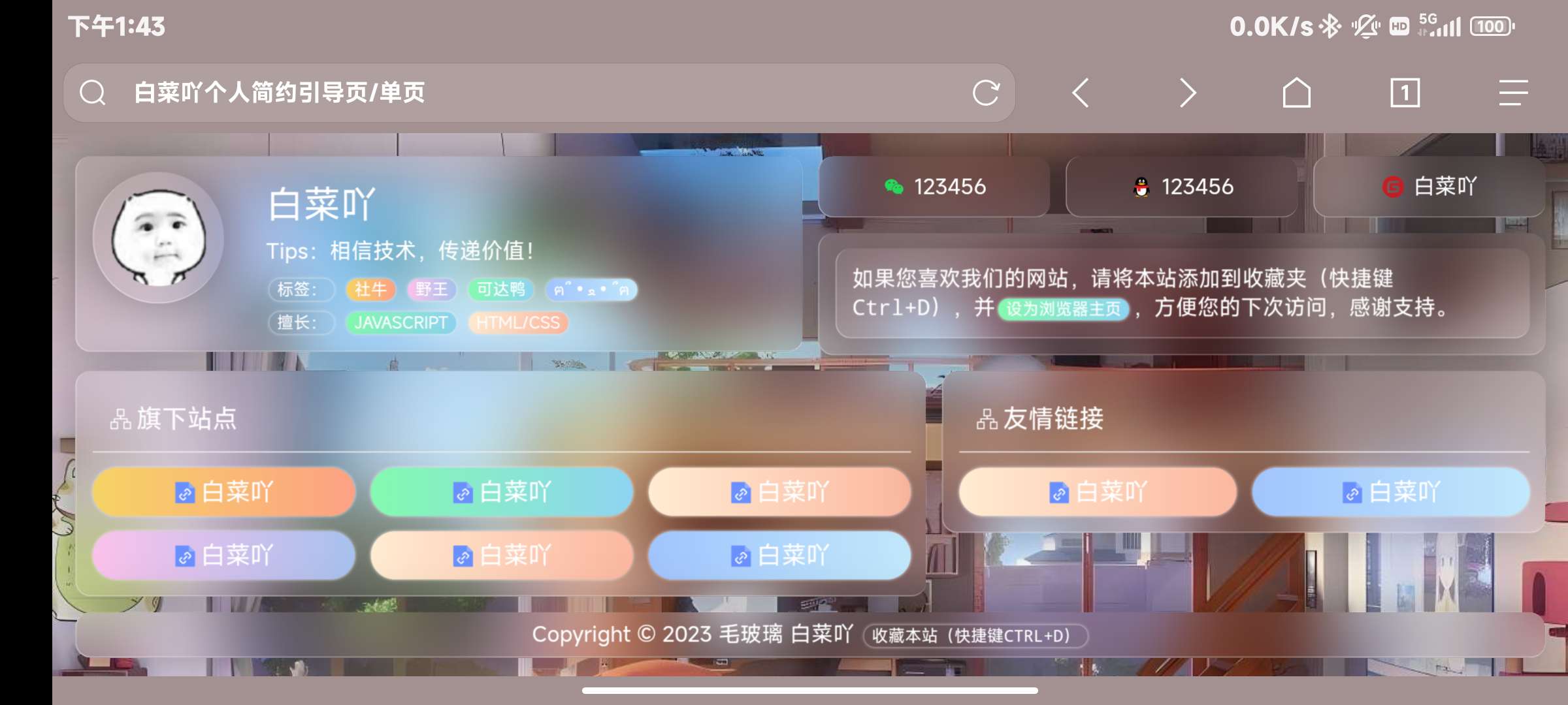 白菜吖漂亮的毛玻璃个人引导页 第3张插图