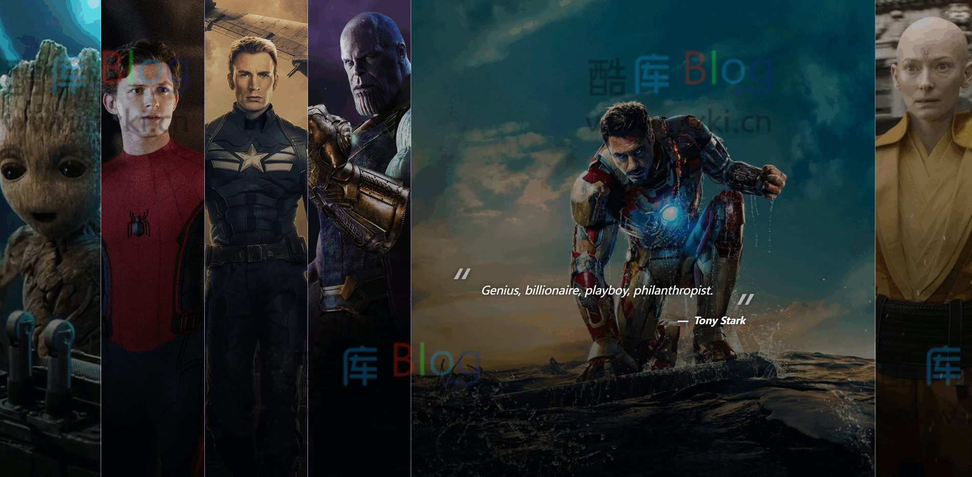 漫威人物名言海报单页源码，手机电脑自适应，鼠标移动展示名言